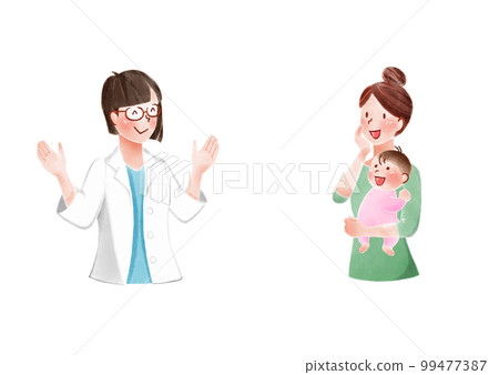 Illustration of a doctor giving advice to a mother Illustration of a doctor giving advice to a mother 99477387