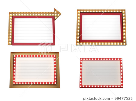 Set of 3d retro red and gold signboard with glowing yellow light bulb . Concept of billboard design for cinema, casino, marquee or nightclub . 3d high quality render Set of 3d retro red and gold signboard with glowing yellow light bulb . Concept of billboard design for cinema, casino, marquee or nightclub . 3d high quality render 99477525