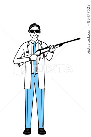 A male doctor in a white coat wearing sunglasses and a stethoscope with a rifle, a senior/middle-aged veteran doctor 99477528