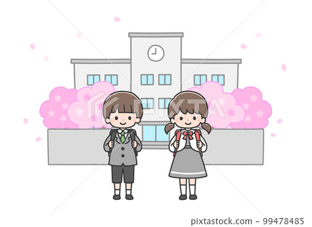 Entrance ceremony A new first-year boy and girl standing in front of the school gate Entrance ceremony A new first-year boy and girl standing in front of the school gate 99478485