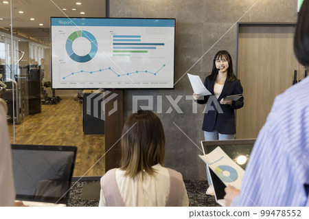 Young woman giving a presentation in creative office 99478552