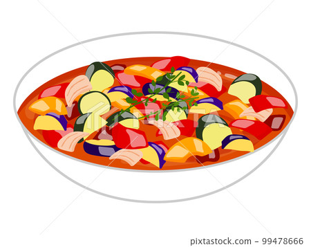 矢量圖的法式料理鼠王燉夏季蔬菜。 矢量圖的法式料理鼠王燉夏季蔬菜。 99478666