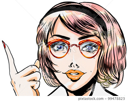 Portrait transparent background illustration of a beautiful American woman wearing 60's American comic style glasses pointing and explaining to students 99478823