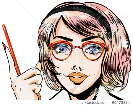 Portrait transparent background illustration of a beautiful American woman wearing 60's American comic style glasses pointing and explaining to students 99478824
