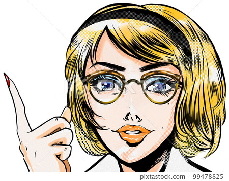 Portrait transparent background illustration of a beautiful American woman wearing 60's American comic style glasses pointing and explaining to students 99478825