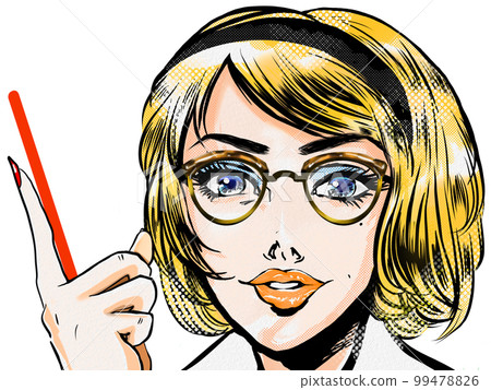 一位戴著 60 年代美國漫畫風格眼鏡的美麗美國女性的肖像透明背景插圖,指著學生並向學生解釋 一位戴著 60 年代美國漫畫風格眼鏡的美麗美國女性的肖像透明背景插圖,指著學生並向學生解釋 99478826