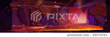 Cartoon cave with hot lava river 99479383