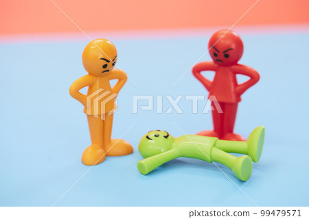 Angry man and happy colorful doll Angry man and happy colorful doll 99479571