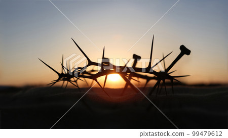 The cross symbolizing the suffering of Jesus Christ, the crown of thorns, the nails, and the red sunset The cross symbolizing the suffering of Jesus Christ, the crown of thorns, the nails, and the red sunset 99479612