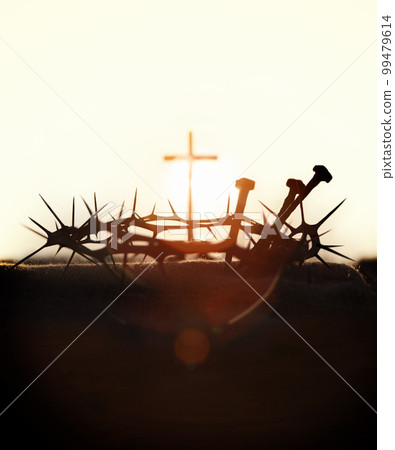 Cross, crown of thorns and nails, symbolizing the sacrifice and suffering of Jesus Christ, on a bright background Cross, crown of thorns and nails, symbolizing the sacrifice and suffering of Jesus Christ, on a bright background 99479614
