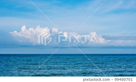 BANNER Atmosphere long panorama real photo beautiful summer white cloud clear blue sky horizon line calm sea. Concept paradise life. Design relax wallpaper background. More tone format in stock 99480701