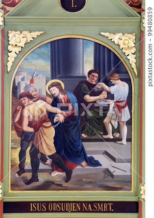 1st Stations of the Cross, Jesus is condemned to death, church of Saint Matthew in Stitar, Croatia 99480859