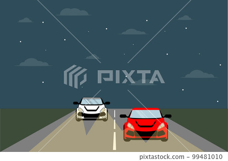 cars is driving on the highway at night with headlights on 99481010