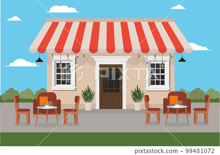 a restaurant cafe shop on the road with chairs and a table 99481072