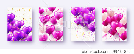 Valentine's Day banners with violet heart balloons. Wedding invitation card template, love background. Mother's Day greeting cards. Beautiful romantic banner. Vector illustration 99481863