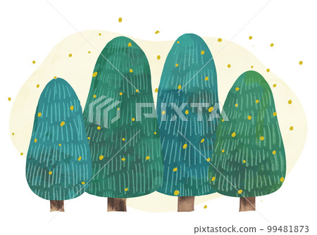 Watercolor landscape illustration with pollen flying from a cedar tree 99481873
