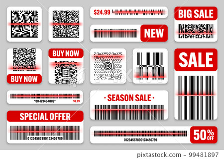 Product barcodes and QR codes with red scanning line. Sale stickers, discount label or promotional badge. Serial number, product ID. Store, supermarket scan labels, price tag. Vector illustration 99481897