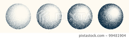 Round shaped dotted objects, vintage stipple elements. Fading gradient. Stippling, dotwork drawing, shading using dots. Halftone disintegration effect. White noise grainy texture. Vector illustration Round shaped dotted objects, vintage stipple elements. Fading gradient. Stippling, dotwork drawing, shading using dots. Halftone disintegration effect. White noise grainy texture. Vector illustration 99481904