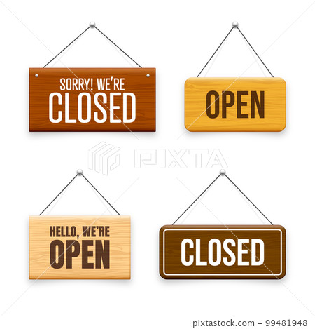 Wooden open or closed hanging signboards. Made of wood door sign for cafe, restaurant, bar or retail store. Announcement banner, information signage for business or service. Vector illustration Wooden open or closed hanging signboards. Made of wood door sign for cafe, restaurant, bar or retail store. Announcement banner, information signage for business or service. Vector illustration 99481948