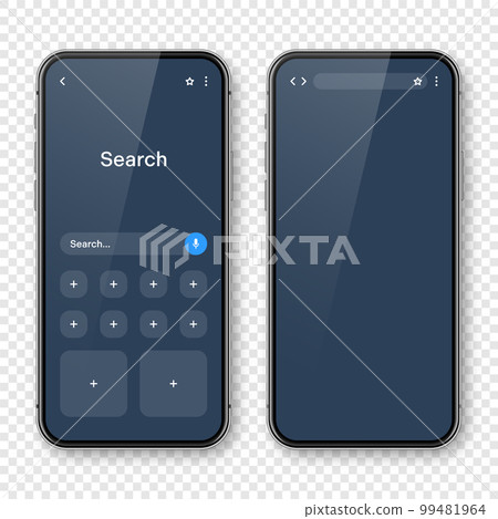 Smartphone with blank internet browser window and search bar, dark mode. Web site engine with search box, address bar and text field. UI design, website interface elements. Vector illustration 99481964