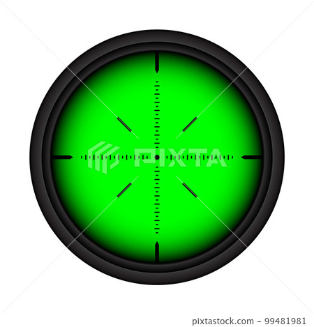 Weapon night sight, sniper rifle optical scope. Hunting gun viewfinder with crosshair. Aim, shooting mark symbol. Military target sign, silhouette. Game interface UI element. Vector illustration Weapon night sight, sniper rifle optical scope. Hunting gun viewfinder with crosshair. Aim, shooting mark symbol. Military target sign, silhouette. Game interface UI element. Vector illustration 99481981