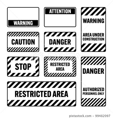 Various black warning signs with diagonal lines. Attention, danger or caution sign, construction site signage. Realistic notice signboard, warning banner, road shield. Vector illustration Various black warning signs with diagonal lines. Attention, danger or caution sign, construction site signage. Realistic notice signboard, warning banner, road shield. Vector illustration 99482097
