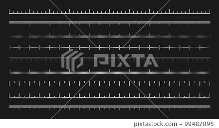 Various measurement scales with divisions. Realistic white scale for measuring length or height in centimeters, millimeters or inches. Ruler, tape measure marks, size indicators. Vector illustration 99482098