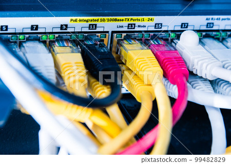 colorful patch cables connected to switch - high speed internet concept 99482829