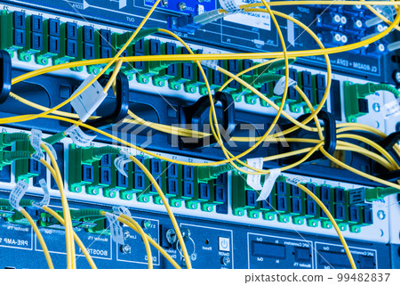 fiber optic cables plugged in network switch panels inside data center 99482837