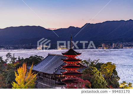 Miyajima five-storied pagoda and autumn leaves (light up) of World Heritage Aki Miyajima five-storied pagoda and autumn leaves (light up) of World Heritage Aki 99483170