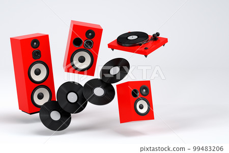 Set of Hi-fi speakers and DJ turntable for sound recording studio on white 99483206