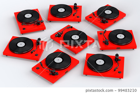 Set of vinyl record player or DJ turntable with retro vinyl disk on white Set of vinyl record player or DJ turntable with retro vinyl disk on white 99483210