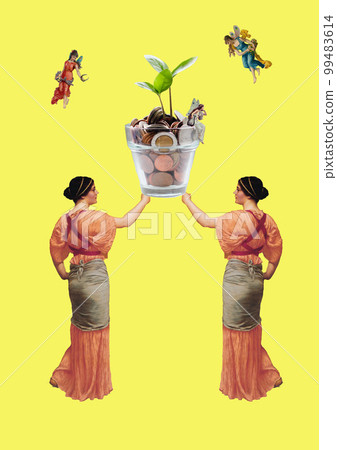 Women who lift and support glasses containing coins 99483614