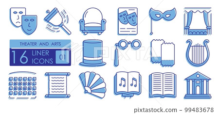Set of color filled linear icons. Theatrical performances and premieres. Musical art of theater and opera on stage. Harp, tragedy, comedy, masks, script, sheet music 99483678