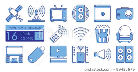 Set of color filled linear icons. Technology for entertainment, home theater viewing and listening to music. TV, speakers, projector, screen, multimedia system, satellite TV 99483679