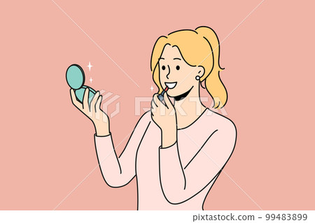 Smiling woman look in mirror do makeup  99483899