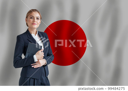 Japanese businesswoman on the flag of Japan digital  nomad, business, startup concept 99484275