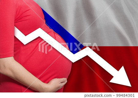 Czech pregnant woman on Czech flag background. Falling fertility rate in Czech Republic Czech pregnant woman on Czech flag background. Falling fertility rate in Czech Republic 99484301