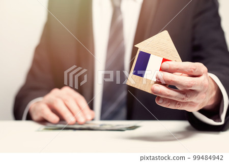 Businessman hand holding wooden Home model with french flag. insurance and property concepts 99484942