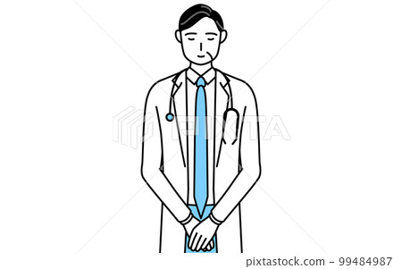 A male doctor in a white coat wearing a stethoscope who folds his hands and bows, a senior/middle-aged veteran doctor A male doctor in a white coat wearing a stethoscope who folds his hands and bows, a senior/middle-aged veteran doctor 99484987
