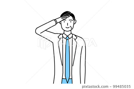 A male doctor in a white coat with a stethoscope saluting, a senior/middle-aged veteran doctor 99485035