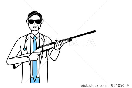 A male doctor in a white coat wearing sunglasses and a stethoscope with a rifle, a senior/middle-aged veteran doctor 99485039