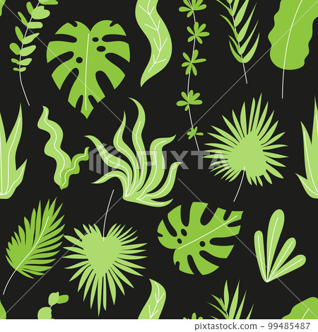Seamless pattern with green tropical palm leaves on black background Seamless pattern with green tropical palm leaves on black background 99485487