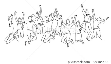 Single line drawing of jumping people, men and women Single line drawing of jumping people, men and women 99485488