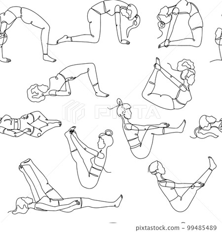 Seamless pattern with single line drawings of yoga poses 99485489