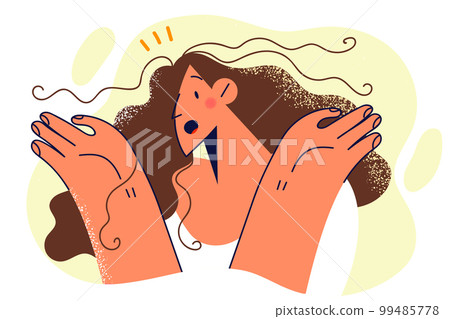 Shocked woman surprised with wide open mouth and throwing up hands demonstrating wow or omg emotions 99485778