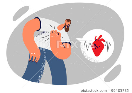 Tired man grabbing heart due to severe shortness of breath after long walk or exercise 99485785