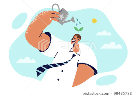 Man wants to succeed holds watering can over head watering plants symbolizing self-development Man wants to succeed holds watering can over head watering plants symbolizing self-development 99485788