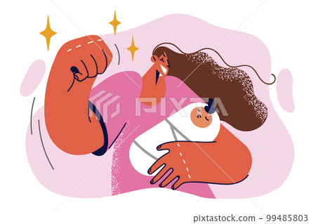 Happy mother holds newborn child and waves hand rejoicing at birth of long-awaited baby 99485803