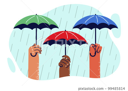 Hands of people with umbrellas protecting from heavy rain symbolizing onset of autumn Hands of people with umbrellas protecting from heavy rain symbolizing onset of autumn 99485814